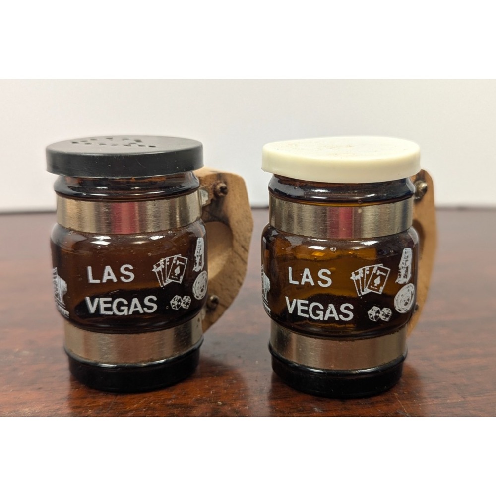 Vintage Las Vegas Amber Glass Beer Mug Salt Pepper Shakers Wood Handles Casino